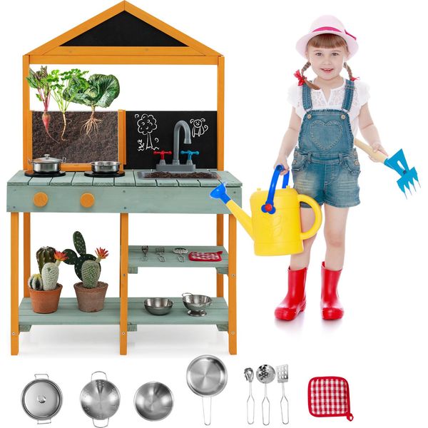 Set Da Cucina Per Bambini Costway, Cucina Da Esterno Con Fioriera, Rubinetto Girevole E Lavello Estraibile, Per Bambini A Partire Dai 3 Anni Di Età-image