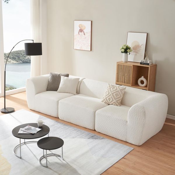 Divano Modulare 3 Posti 'Hurvas' 2 X Elemento Angolare Con Bracciolo 1 X Sezione Centrale 76 X 313 X 108 Cm Bouclé Crema Bianco-image