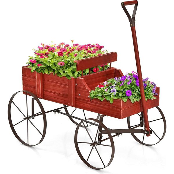 Costway Portafiori In Legno Carrello Portapiante Carrello Portafiori Con Ruote In Metallo Portafiori Per Giardino E Terrazza 34X62X60Cm (Rosso)-image