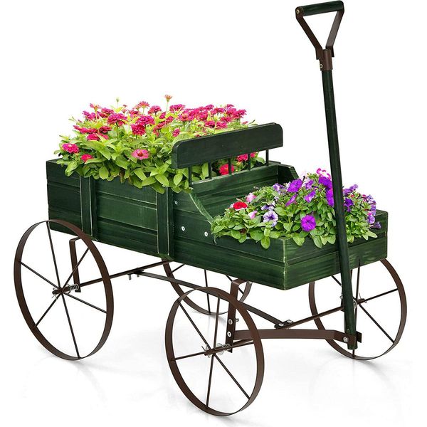 Costway Portafiori In Legno Carrello Porta Piante Carrello Porta Fiori Con Ruote In Metallo Porta Fioriera Per Giardino E Terrazzo 34X62X60Cm (Verde)-image