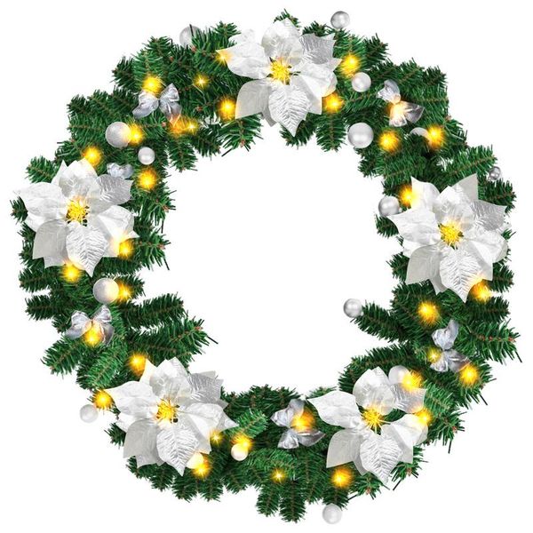 Jiubiaz 2.7M Ghirlanda Di Natale Ghirlanda Di Abete Decorazione Di Natale Con Fiori Rossi Decorazione Di Natale Lampade Led Bella Decorazione Di Vacanza Per Scale, Parete, Porte In-Out Door Argento-image