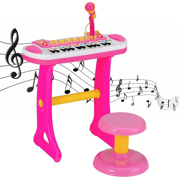 Tastiera Per Bambini Costway Con 31 Tasti, Strumento Musicale Portatile Con Molteplici Suoni Ed Effetti Luminosi, Microfono E Sgabello Regolabili, Simpatico Pianoforte Giocattolo Per Bambini Dai 3 Anni In Su (Rosa)-image