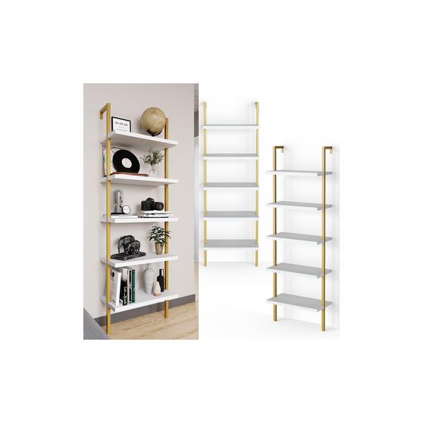 Vicco Loft BüCherregal Ava Standregal Wandregal 5 Ablagen Leiterregal Gold-image
