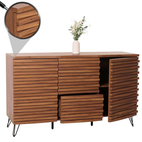 Sideboard MCW-M49, Schrank Kommode Highboard, 3D-Design StaufäCher, Mdf Metall 85X142X44Cm ~ Walnuss-Optik-image