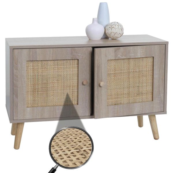 Kommode MCW-M40, Sideboard Schrank Highboard, StaufäCher, Kubu Rattan Holz Melamin, Eiche-Optik-image