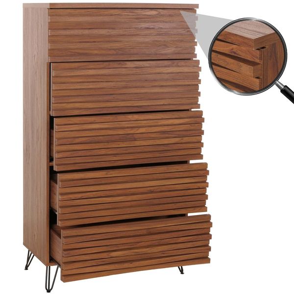 Kommode MCW-M49, Highboard Schrank, 3D-Design 5 Schubladen Mdf Metall 145X80X44Cm ~ Walnuss-Optik-image