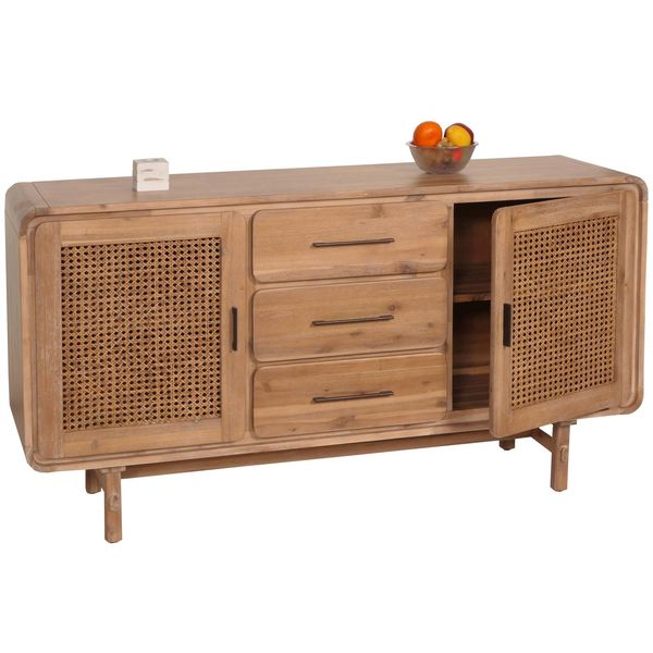Sideboard MCW-M47, Schrank Kommode Highboard, StaufäCher Schublade, Rattan Akazie Massiv-Holz Gebeizt 83X160X45Cm 47Kg-image