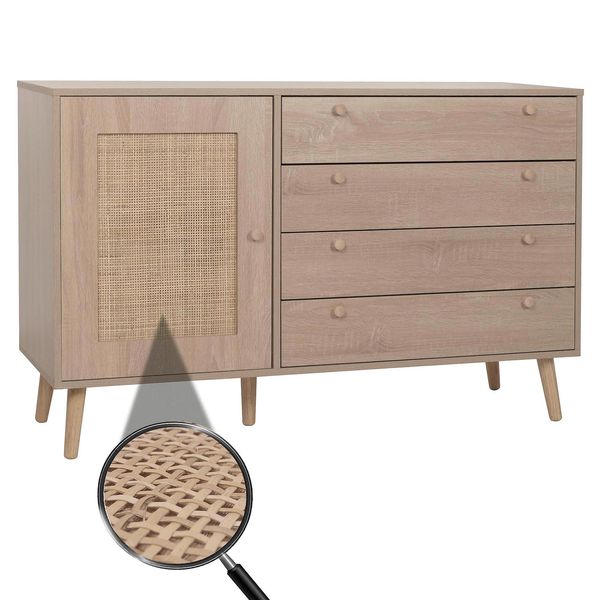Sideboard MCW-M43, Schrank Kommode Highboard, Schubladen Staufach, Kubu Rattan Holz Melamin, Eiche-Optik-image
