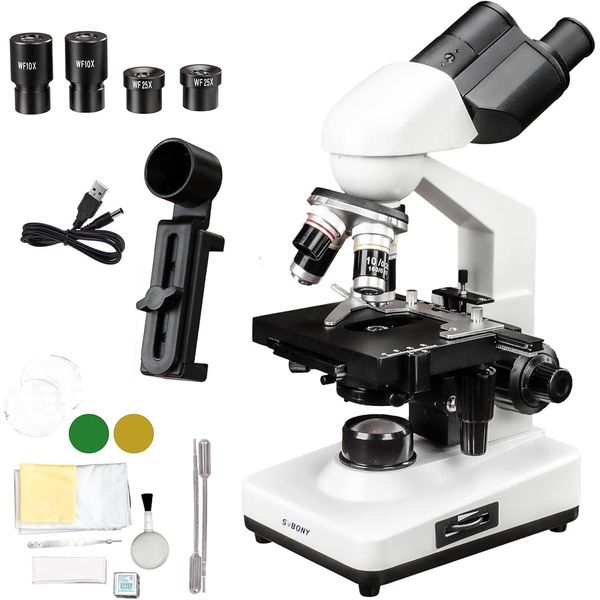 Svbony SM201 Microscopio Binoculare Composto, Microscopio Binoculare Da Laboratorio 40X-2500X, Illuminazione A Led, Stadio Coassiale, Per Studenti Adulti-image