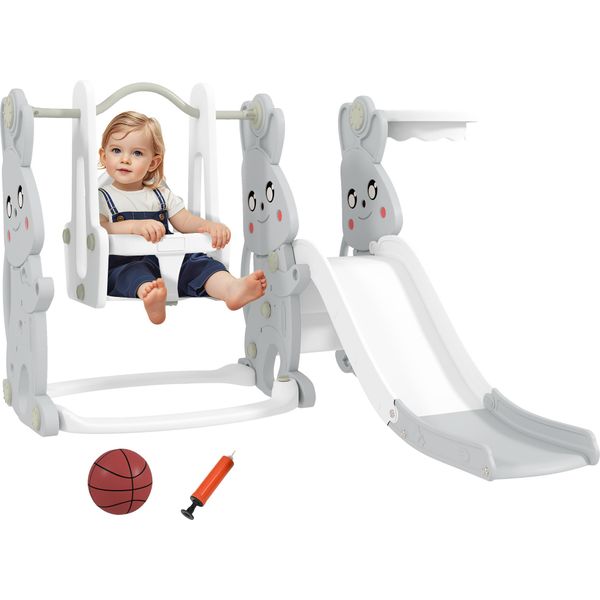 Scivolo Aiyaplay Scivolo Per Bambini 4 In 1 Con Altalena, Struttura Per Arrampicata, Canestro Da Basket, Parco Giochi Per Bambini Con Design A Coniglietto Scivolo Per Bambini Per Interni Ed Esterni Di 1,5-4 Anni Grigio-image
