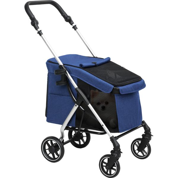 Pawhut Passeggino Per Cani Leggero In Alluminio Pieghevole Per Cani E Gatti Fino A 10 Kg Passeggino Per Gatti Con Cuscini Finestre A Rete Porte Cestino Portaoggetti Passeggino Per Gatti Blu Scuro-image