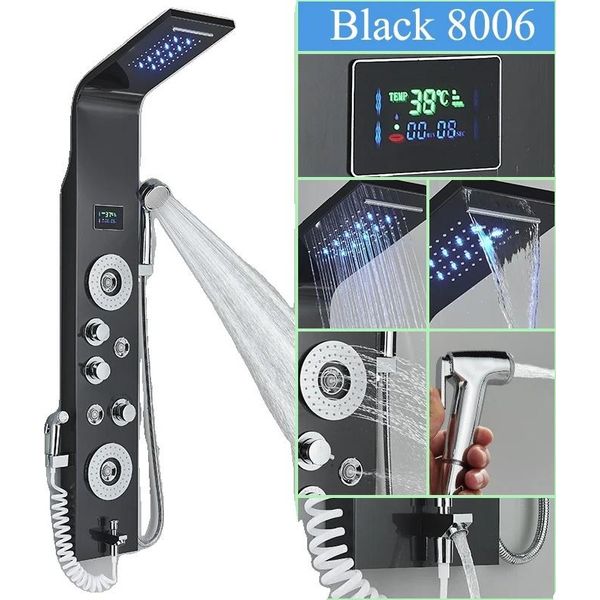 Pannello Doccia Con Display A Led Della Temperatura, 6 Modalità D'acqua, Acciaio Inox Resistente, Nero L-8006-image