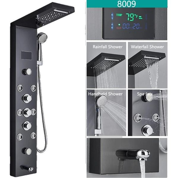 Pannello Doccia A Led, Funzioni Doccia Multifunzione, Display Digitale Della Temperatura, Nero 8009-image