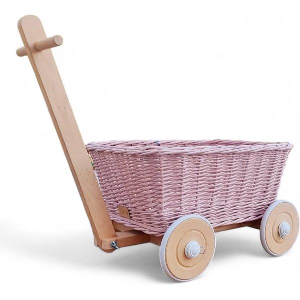 Carrello Giocattolo Rosa In Vimini. Carrello Portagiochi A Scala. Cesto Portagiochi In Vimini.-image