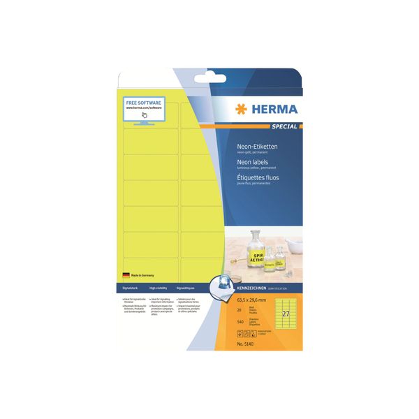 Herma 5140 5140 Etichette A4 Giallo Neon 63,5X29,6 Mm Carta Opaca 540 Pz.-image