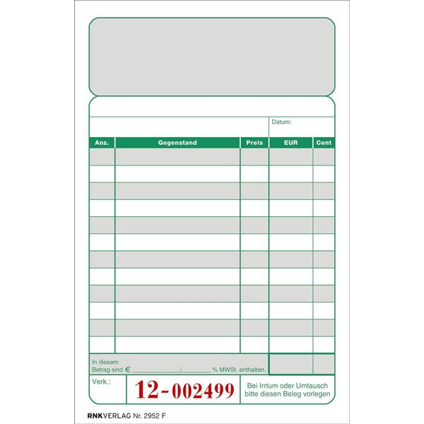 10X Rnk Verlag 2952F Blocchetto Per Registratori Di Cassa Bicolore Con Pinzatura Superiore 2 X 50 Fogli 96 X 167 Mm Numerati(S)-image