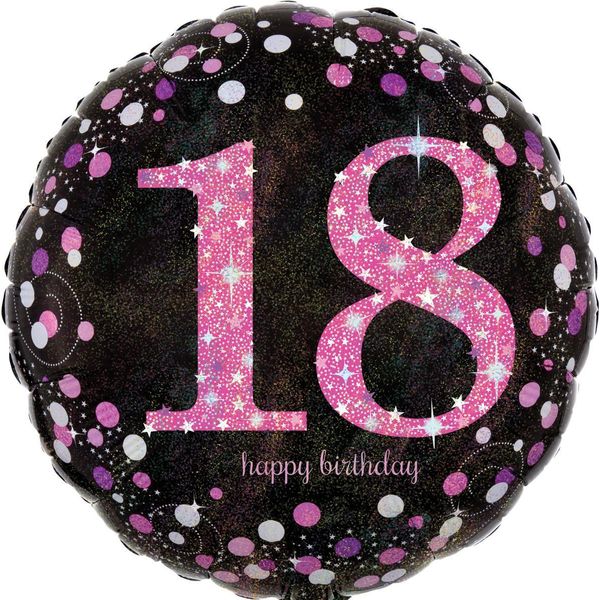 Amscan 3378301 Palloncino Happy Birthday 18 Foil - Ø 43 Cm, Nero/Rosa, Coriandoli-image