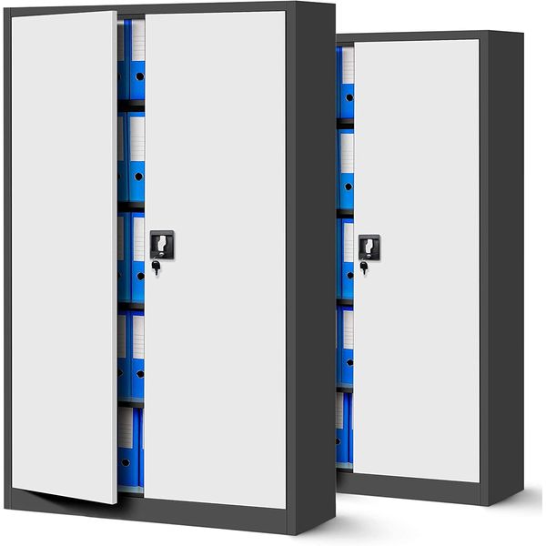 Set Di 2 Schedari C001II Armadio Per Ufficio Armadio In Metallo Ante A Battente Lamiera D'acciaio Verniciata A Polvere 185 Cm X 115 Cm X 40 Cm (Antracite/Bianco)-image