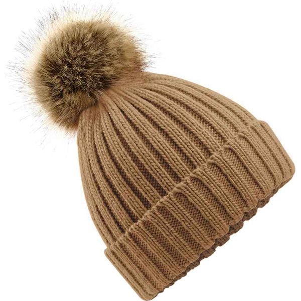 Beechfield Cappello Unisex Con Pompon In Pelliccia Sintetica PC3344 (Taglia Unica) (Beige)-image