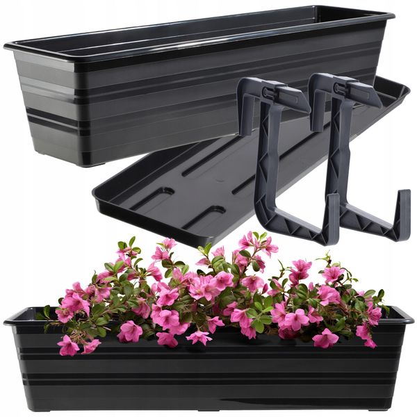 Fioriera Kadax Con Base E Portacassette Da Balcone "Cati"", In Plastica, Vaso Da Fiori Per Balcone, 60 Cm, Antracite"-image
