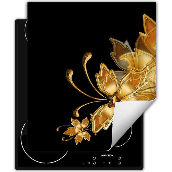 Darhaus Piastra Di Copertura Per Fornelli 45X52 Cm Tappetino Antiscivolo Roll-Up, Nero - Oro - Fiori-image