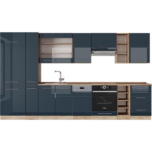Vicco Cucina Componibile Fame-Line, 355 Cm , Pt Rovere, Blu Scuro Lucido/Rovere Dorato-image