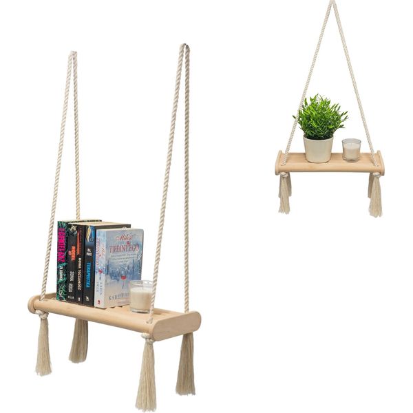 Scaffale Da Parete In Legno Boho Scaffale Appeso Macramè Intrecciato A Mano Scaffale Galleggiante Decorazione Da Parete Supporto Per Piante Per Cucina Camera Da Letto Soggiorno-image