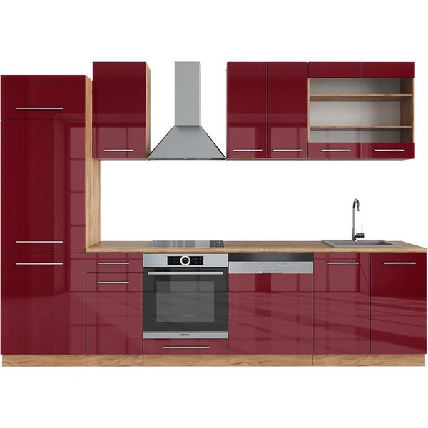 Vicco Cucina Componibile Fame-Line, 300 Cm Senza Piano Di Lavoro, Bordeaux Lucido/Rovere Oro-image