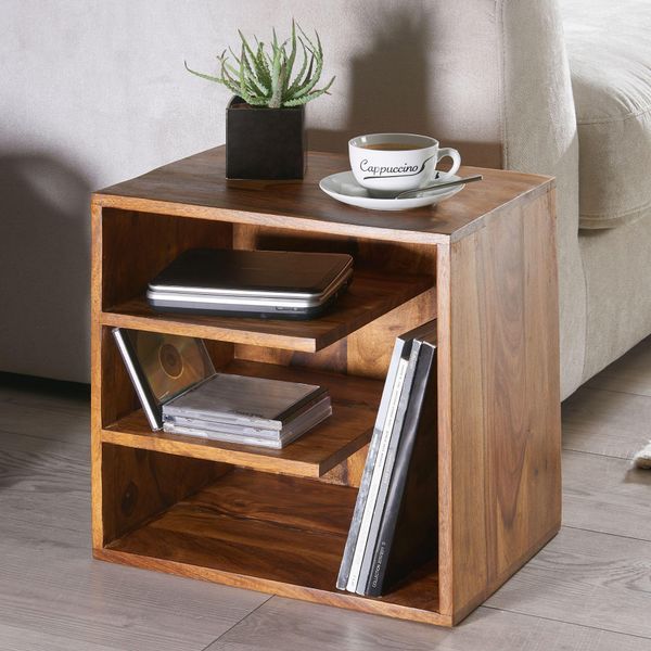Finebuy Tavolino 43X43X30 Cm Comodino In Legno Massiccio Sheesham Piccolo Tavolo Da Soggiorno Con Ripiani Tavolo In Legno Di Design Consolle Da Letto Solida-image