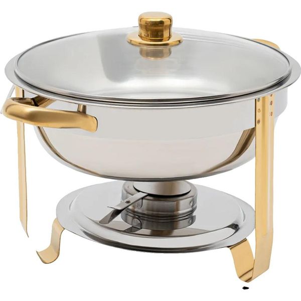 Chafing Dish In Acciaio Inox, Capacità 5 Litri, Design Moderno E Rotondo, Oro-image