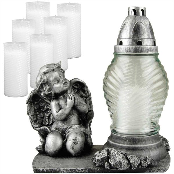 Lume Da Tomba In Vetro Con Angelo Orante In Argento (25 Cm) Incl. 7 Candele Di Ricarica-image