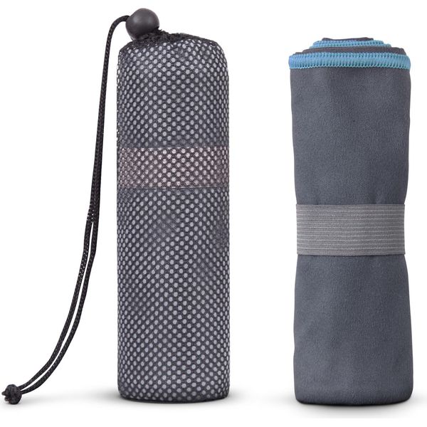 Asciugamano In Microfibra Per Sport, Sauna, Fitness - Asciugamano Da Viaggio - Compatto, Assorbente, Leggero E Ad Asciugatura Rapida (Grigio Con Profili Blu / 40X80Cm) Con Elastico E Sacchetto-image