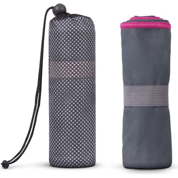 Asciugamano In Microfibra Per Sport, Sauna, Fitness - Asciugamano Da Viaggio - Compatto, Assorbente, Leggero E Ad Asciugatura Rapida (Grigio Con Profili Rosa / 50X100Cm) Con Elastico E Sacchetto-image