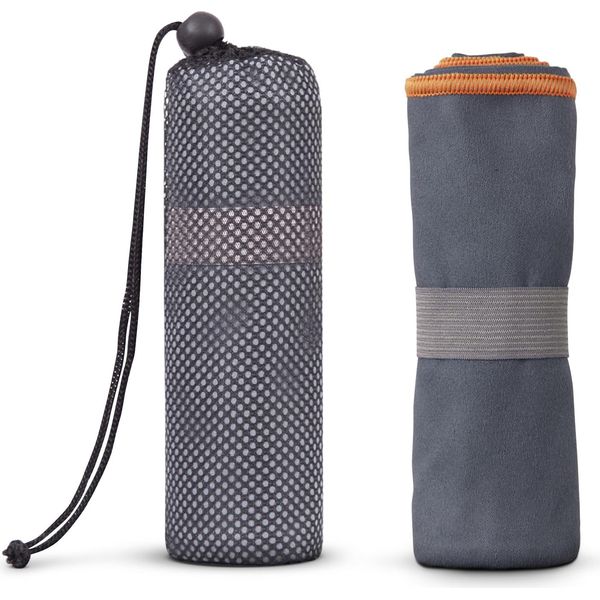 Asciugamano In Microfibra Per Sport, Sauna, Fitness - Asciugamano Da Viaggio - Compatto, Assorbente, Leggero E Ad Asciugatura Rapida (Grigio Con Profili Arancioni / 40X80Cm) Con Elastico E Sacchetto-image