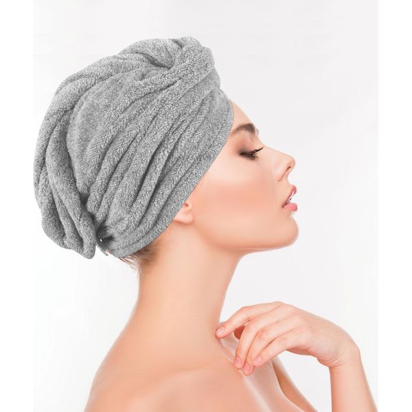 Turbante Per Capelli (Grigio) Accogliente Con Bottone - 25X65Cm (Taglia Unica) Morbidissimo E Soffice - Assorbente, Asciugamano Turbante Per Capelli Asciugatura Rapida-image