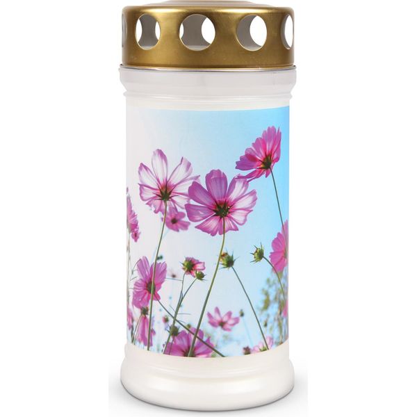 Candela Per Tomba - Bruciatore Diurno 72 Ore Di Durata, Lume Per Tomba Con Motivo (Fiore Di Cosmo) - Candela Di Lutto Per Commemorazione Cimiteriale Come Bruciatore Permanente-image