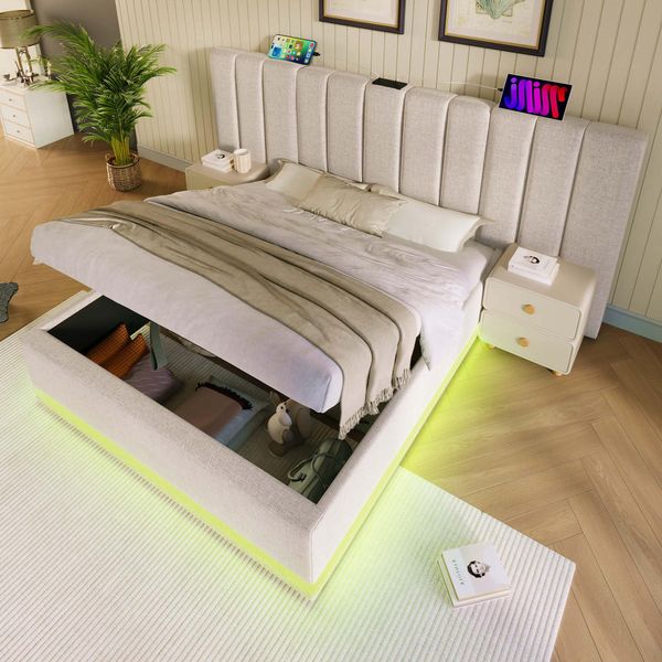Letto Imbottito Idraulico Flieks 160X200Cm Con Funzione Di Carico, Letto Matrimoniale A Molle Insacchettate Letto Giovanile Con Led, Letto Contenitore Con Rete A Doghe, Lino, Beige-image