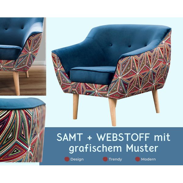 Poltrona Gutto Blu Con Motivo Grafico Musti Poltrona Tv Reclinabile In Velluto Blu Motivo Grafico Poltrona Imbottita Scandinava Gambe In Legno Gambe Alte-image