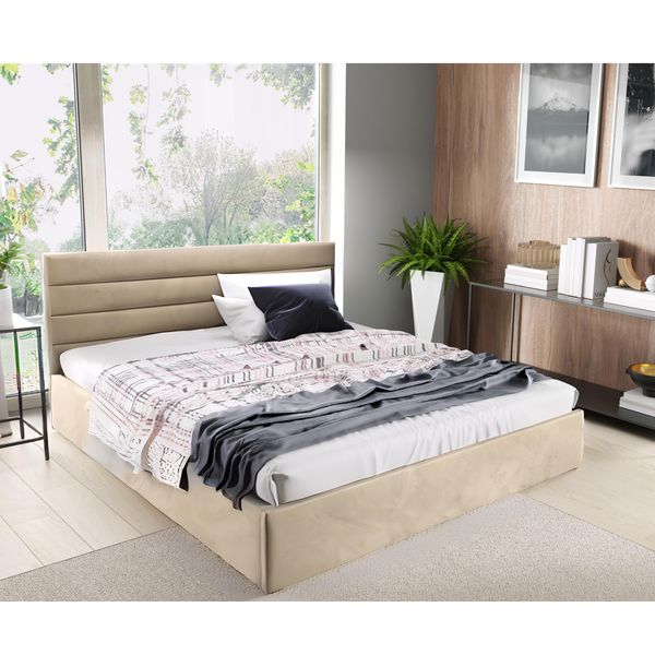 Gutto Letto Imbottito 160X200 Rete A Doghe In Metallo Velluto Beige Con Contenitore-image
