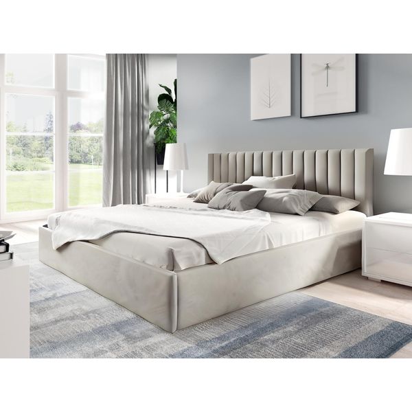 Gutto Letto Imbottito 90X200 A Doghe Metalliche In Velluto Beige Con Contenitore-image