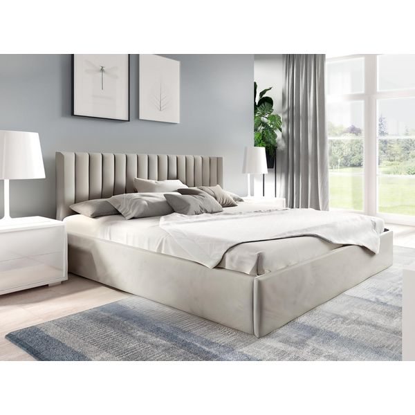 Gutto Letto Imbottito 160X200 Rete A Doghe In Metallo Velluto Beige Con Contenitore-image