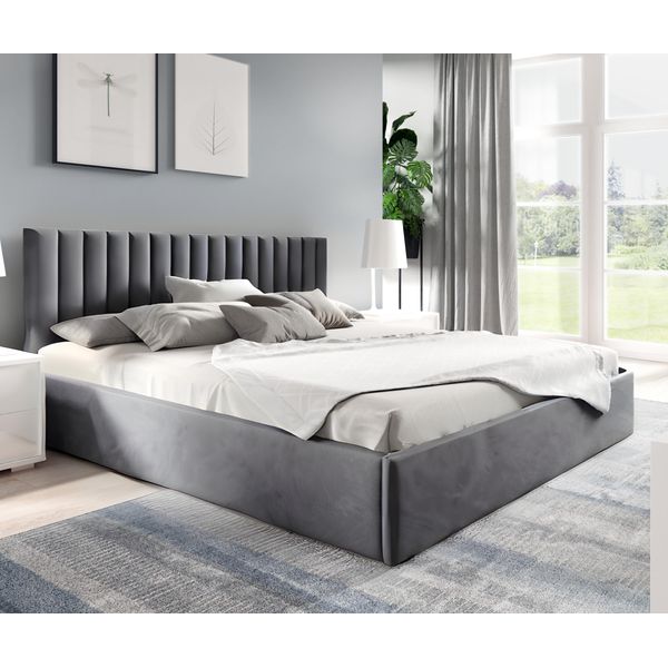 Gutto Letto Imbottito 90X200 Griglia A Doghe In Metallo Velluto Grigio Velluto Con Vano Contenitore Vano Contenitore-image