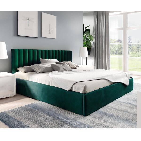 Letto Imbottito Gutto 140X200 A Doghe Metalliche In Tessuto Vellutato Verde Con Box Letto E Vano Contenitore-image