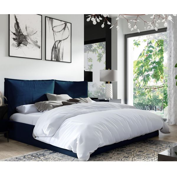 Letto Imbottito Gutto Glammy 200X200 Rete A Doghe In Metallo Tessuto Velluto Blu Velvett Con Rete E Contenitore-image