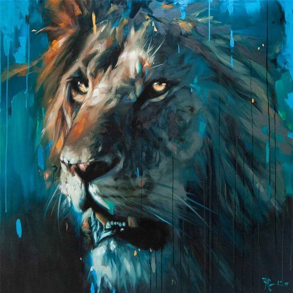 Frank Pretorius - Stampa Su Tela Con Cornice, Leone PM6275 (40 Cm X 40 Cm) (Blu/Marrone)-image