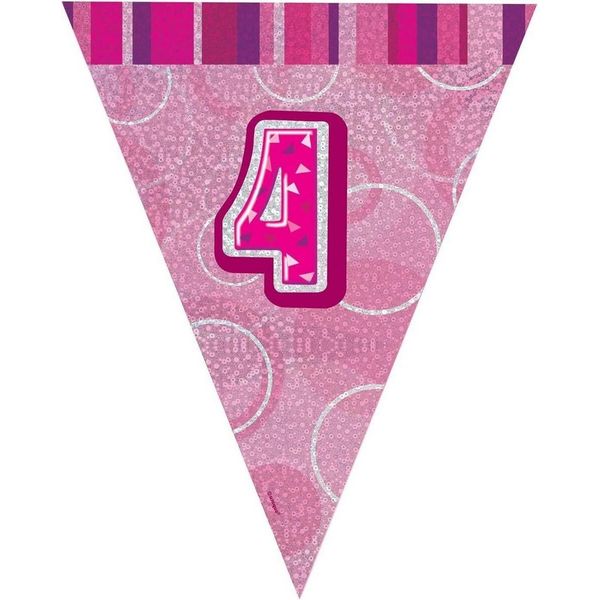 Unique Party - Bandiere Glitterate, Foil, 4° Compleanno SG24471 (Taglia Unica) (Rosa)-image