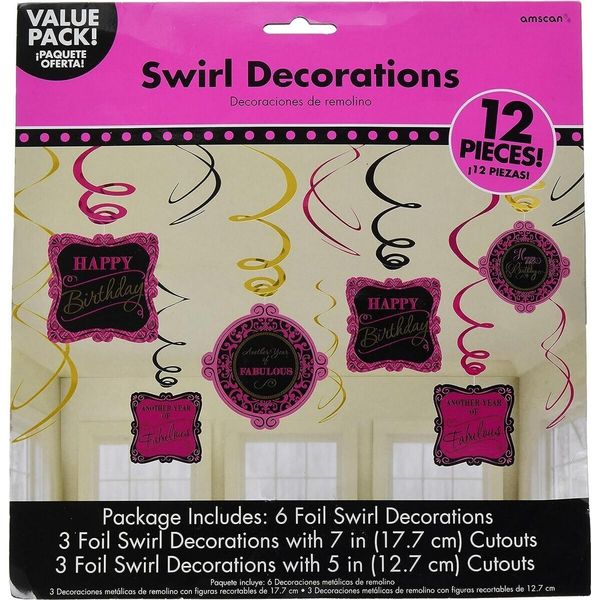 Amscan - Swirl - Decorazione "Fabulous"" Confezione Da 12 Pezzi - Foil SG24465 (Taglia Unica) (Rosa/Nero)"-image