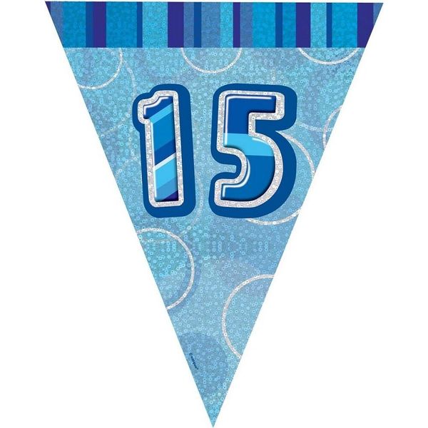 Unique Party - Bandiere Glitterate, Foil, 15 Pezzi Compleanno SG24769 (Taglia Unica) (Blu)-image