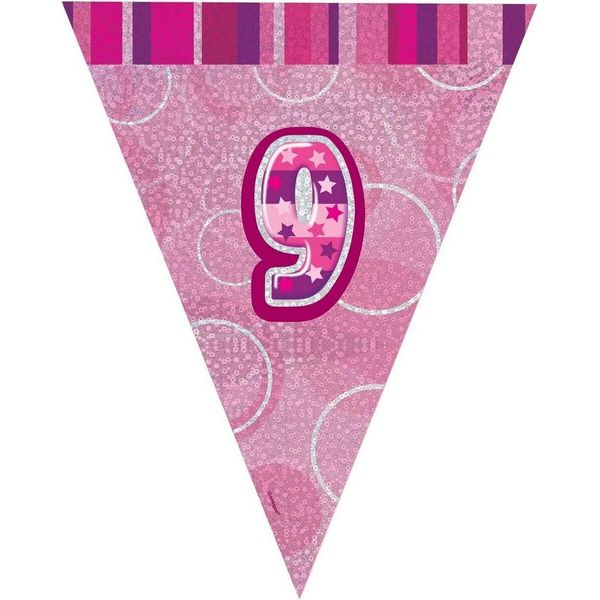 Unique Party - Bandiere Glitterate, Foil, 9 Compleanni SG24764 (Taglia Unica) (Rosa)-image