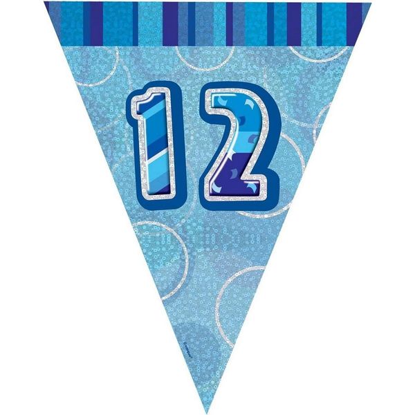 Unique Party - Bandiere Glitterate, Foglio, 12 Pezzi Compleanno SG24760 (Taglia Unica) (Blu)-image